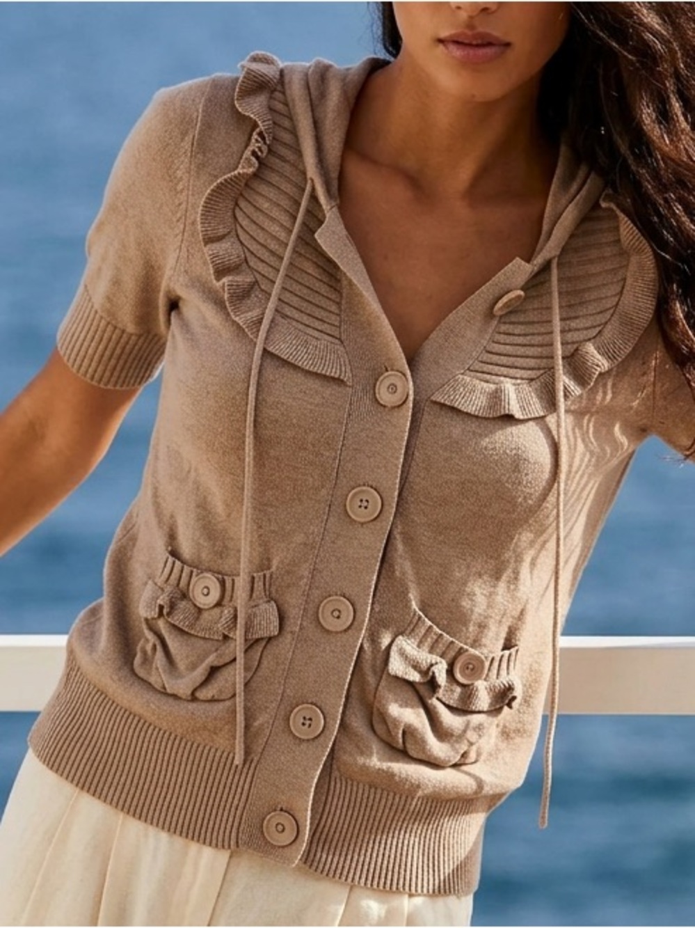 Beige Ruffle-Trim Short Sleeve Cardigan
